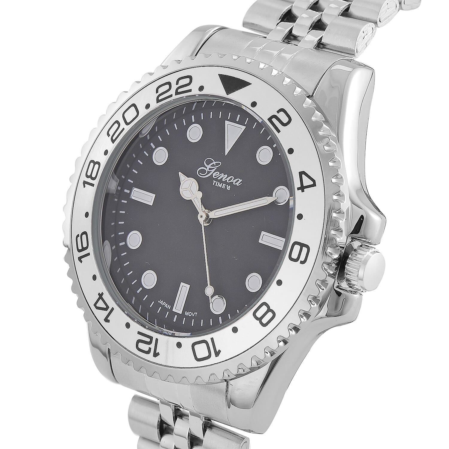 GENOA TIME V2 Miyota 2035 Japan Movt. 3ATM Water Resistant Black Dial Mens Watch with Silver Colour Stainless Steel Strap and Silver Bezel