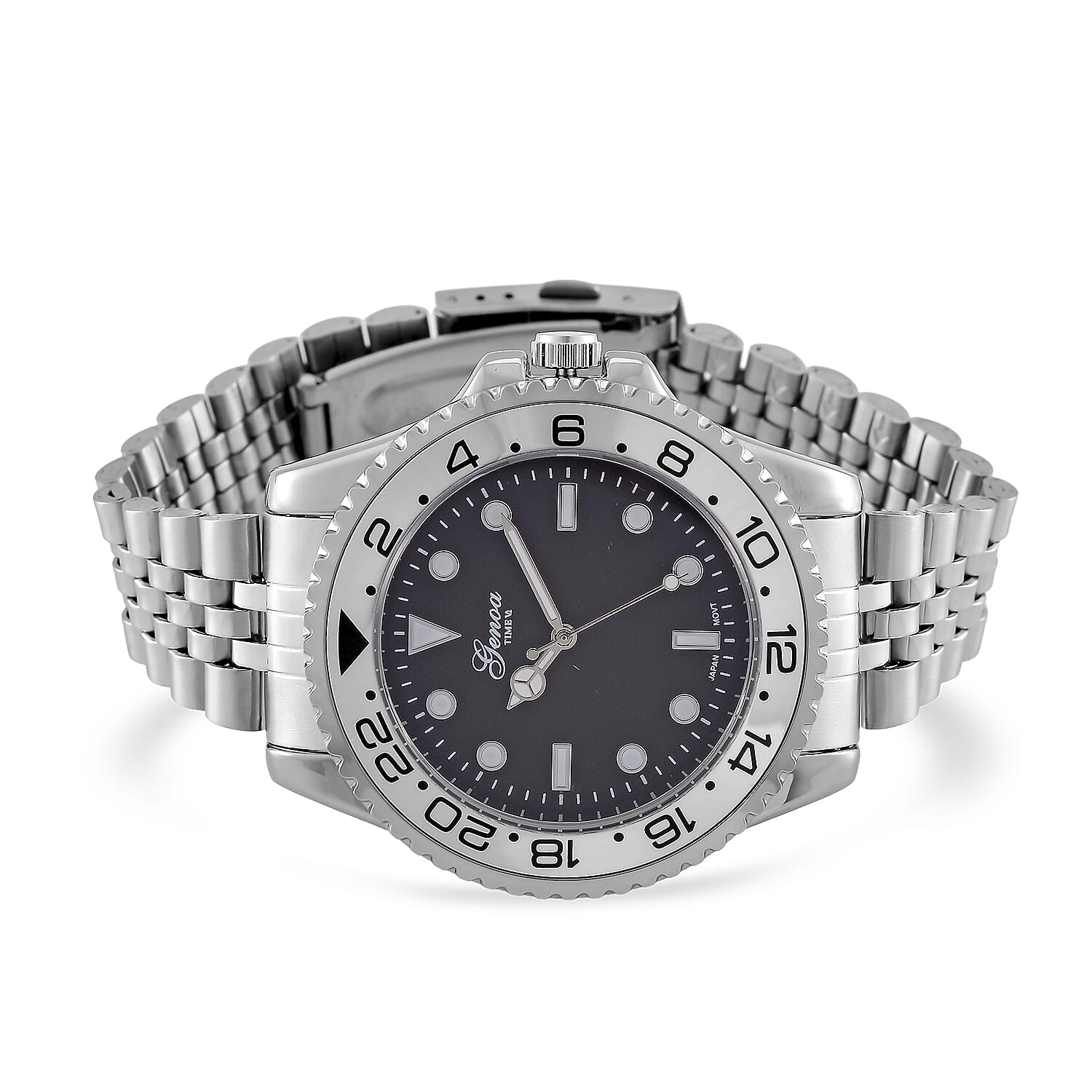 GENOA TIME V2 Miyota 2035 Japan Movt. 3ATM Water Resistant Black Dial Mens Watch with Silver Colour Stainless Steel Strap and Silver Bezel