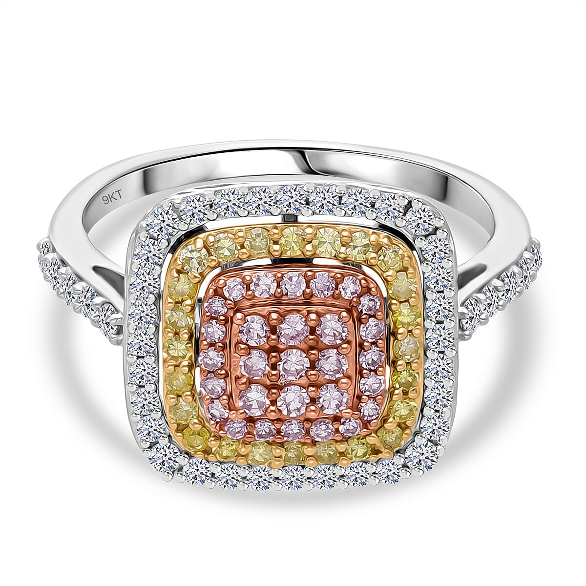 9K Tri Colour Gold SGL Certified Natural Pink Diamond, Natural Yellow Diamond & Natural White Diamond Ring 1.00 Ct.