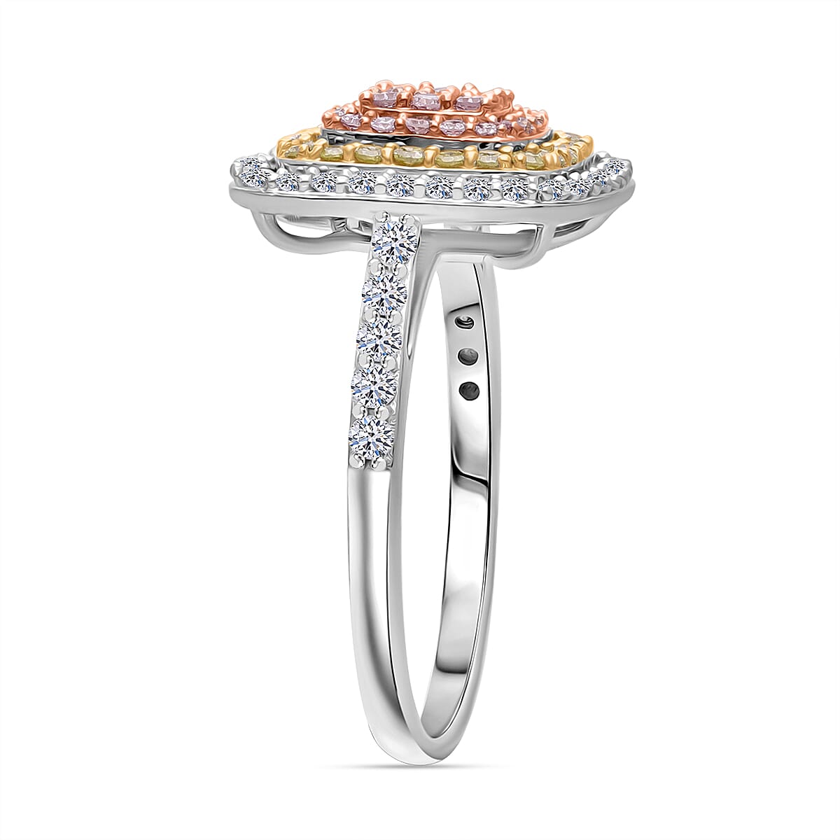 9K Tri Colour Gold SGL Certified Natural Pink Diamond, Natural Yellow Diamond & Natural White Diamond Ring 1.00 Ct.