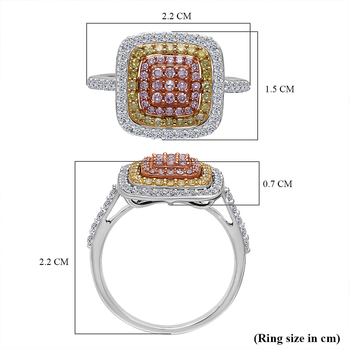 9K Tri Colour Gold SGL Certified Natural Pink Diamond, Natural Yellow Diamond & Natural White Diamond Ring 1.00 Ct.