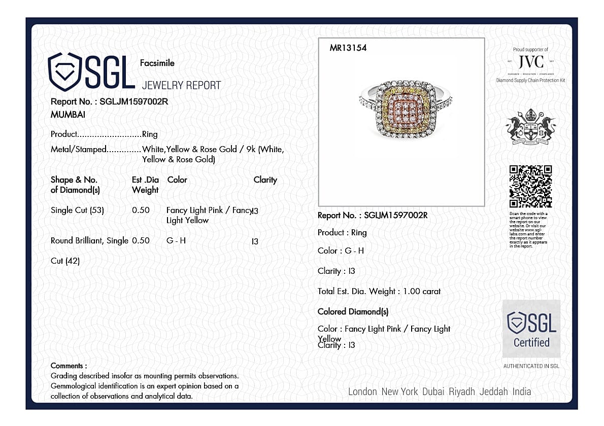 9K Tri Colour Gold SGL Certified Natural Pink Diamond, Natural Yellow Diamond & Natural White Diamond Ring 1.00 Ct.
