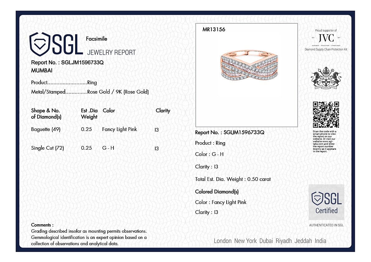 9K Rose Gold SGL Certified Pink Diamond and White Diamond Ring 0.50 Ct.