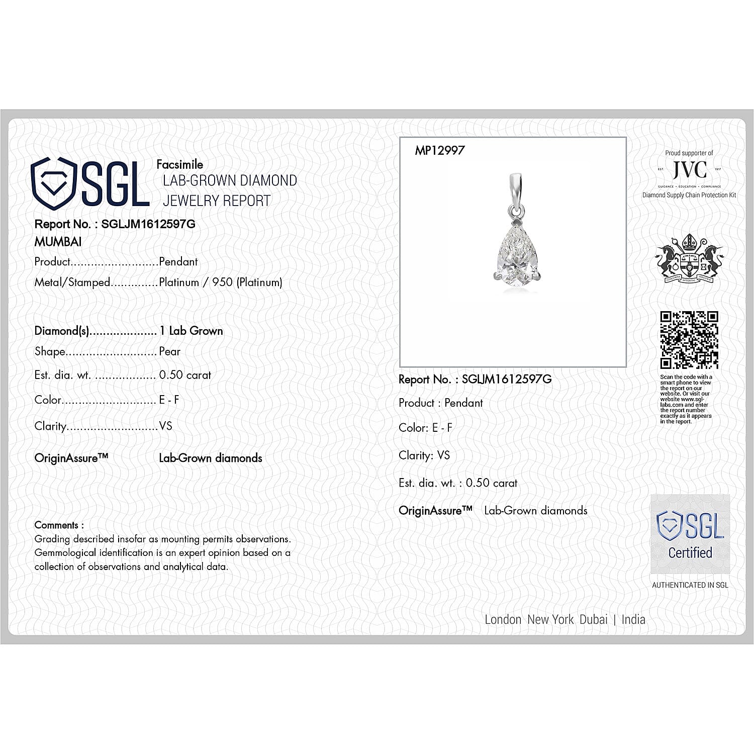 Luxuriant Diamond 950 Platinum SGL Certified Pear Cut Lab Grown Diamond (VS-E-F) Pendant 0.50 Ct.