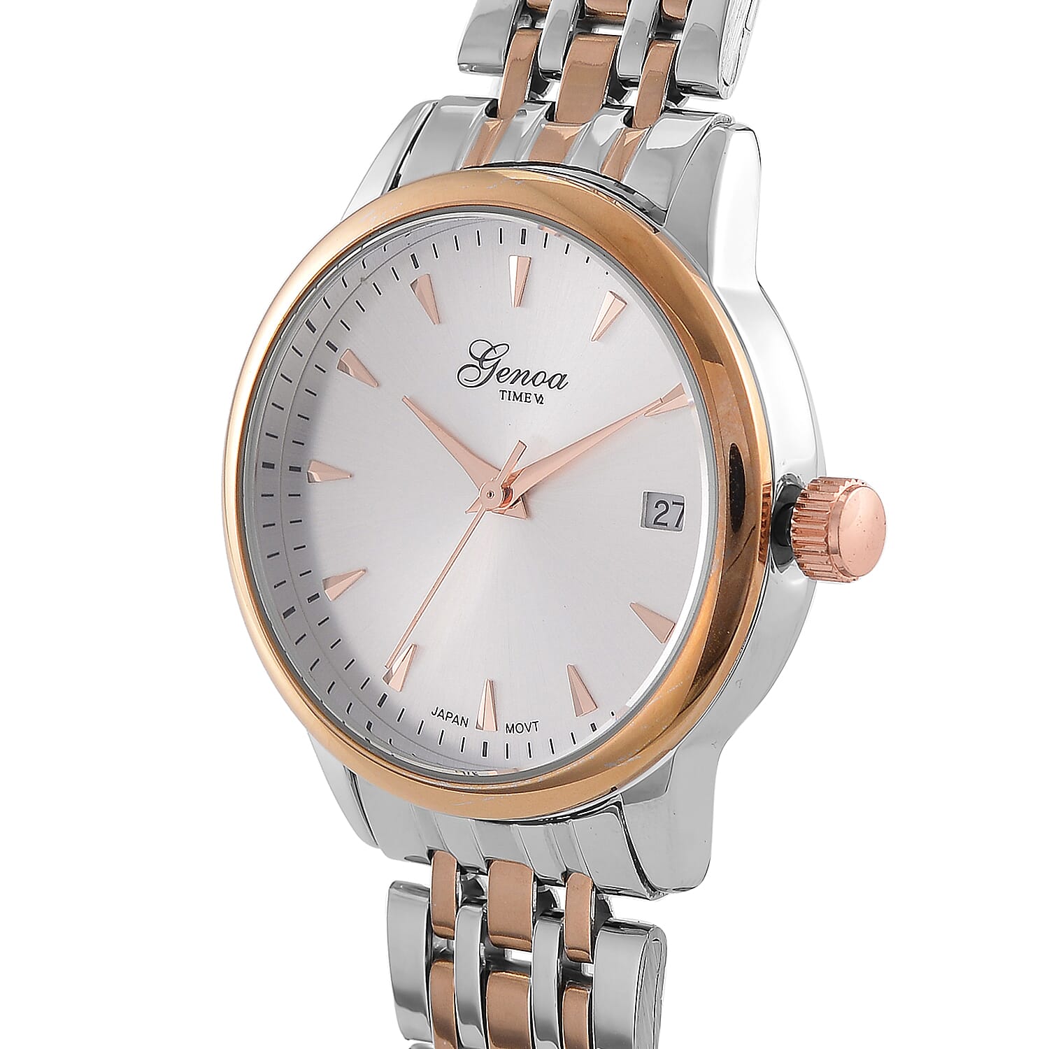 GENOA TIME V2 Miyota GM12 Japan Movt. 3ATM Water Resistant White Dial Watch with Silver and Rose Gold Colour Stainless Steel Strap