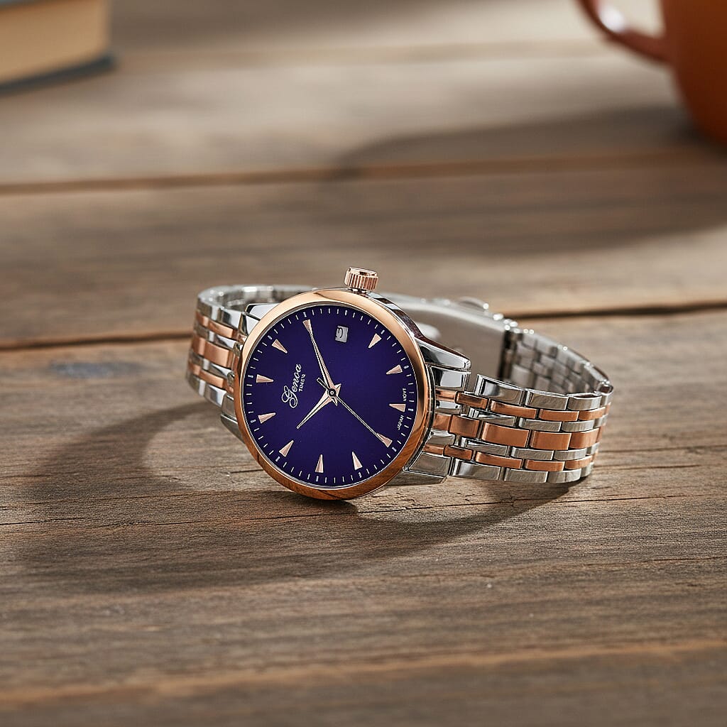 CLASSIC GENOA TIME V2 Miyota GM12 Japan Movt. 3ATM Water Resistant Blue Dial Watch with Silver and Rose Gold Colour Stainless Steel Strap