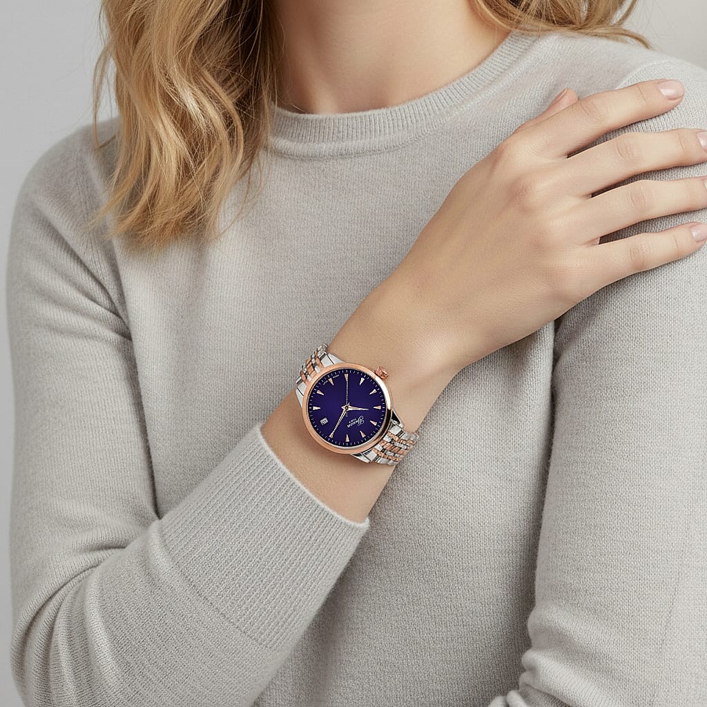 CLASSIC GENOA TIME V2 Miyota GM12 Japan Movt. 3ATM Water Resistant Blue Dial Watch with Silver and Rose Gold Colour Stainless Steel Strap