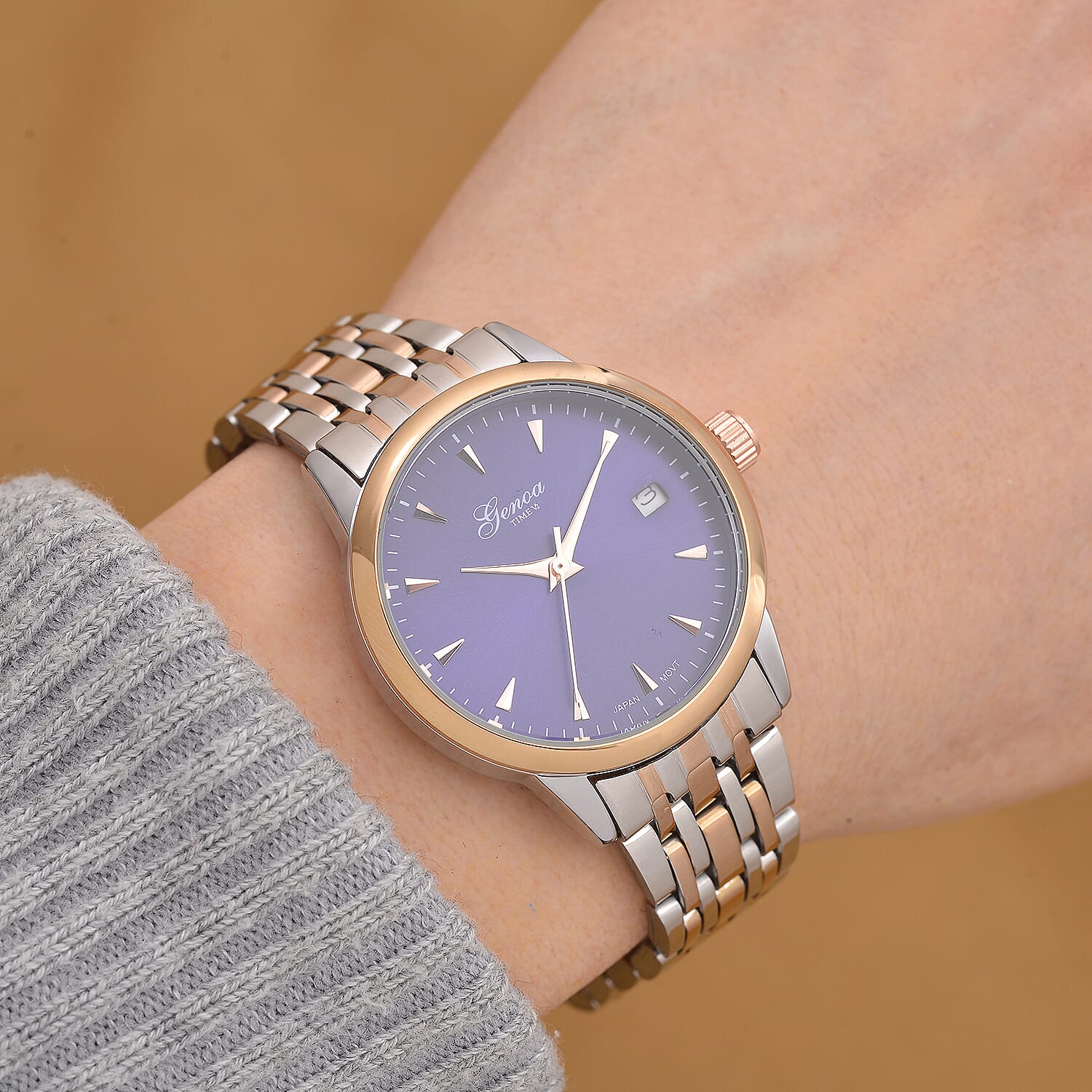 CLASSIC GENOA TIME V2 Miyota GM12 Japan Movt. 3ATM Water Resistant Blue Dial Watch with Silver and Rose Gold Colour Stainless Steel Strap