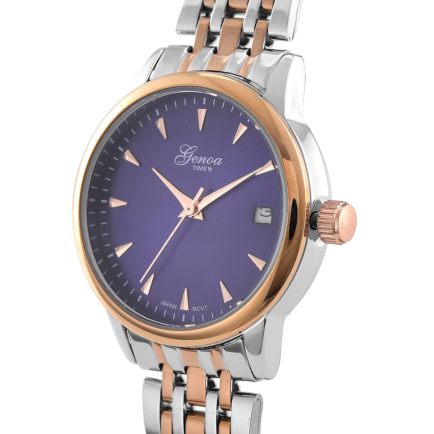 CLASSIC GENOA TIME V2 Miyota GM12 Japan Movt. 3ATM Water Resistant Blue Dial Watch with Silver and Rose Gold Colour Stainless Steel Strap