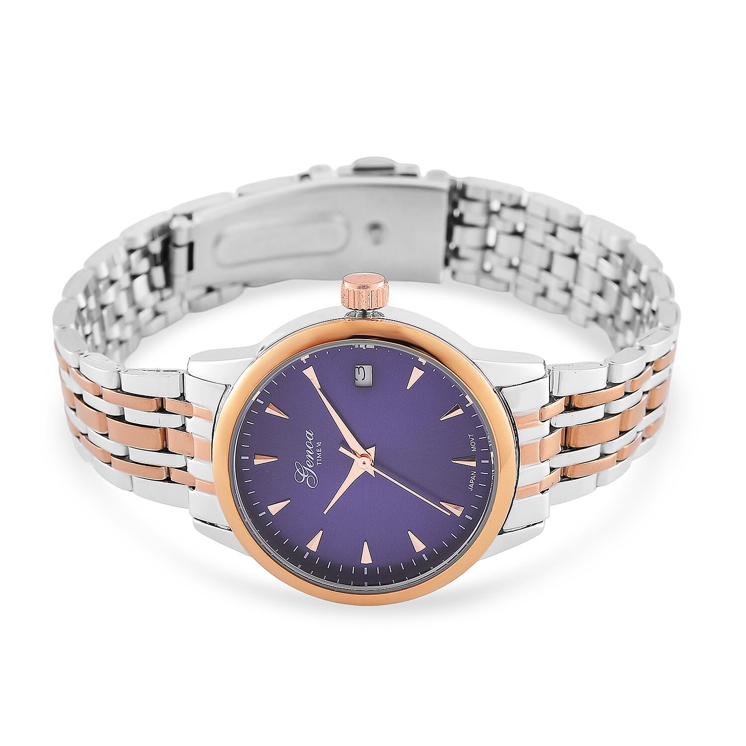 CLASSIC GENOA TIME V2 Miyota GM12 Japan Movt. 3ATM Water Resistant Blue Dial Watch with Silver and Rose Gold Colour Stainless Steel Strap