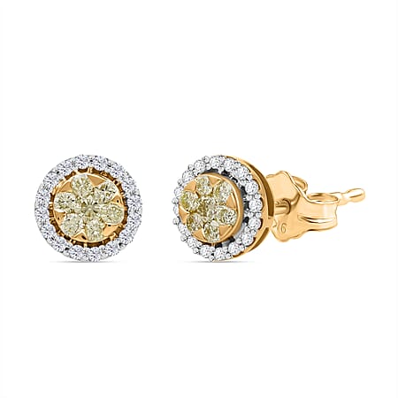 9K Yellow Gold SGL Certified Natural Yellow Diamond, White Diamond Cluster Stud Push Back Earrings 0.50 Ct.