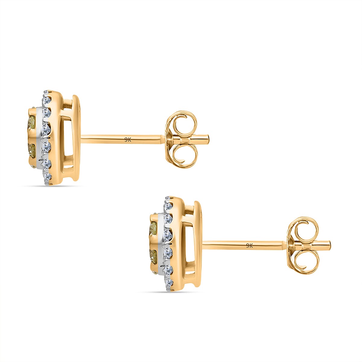9K Yellow Gold SGL Certified Natural Yellow Diamond & White Diamond Stud Push Back Earrings 0.51 Ct.