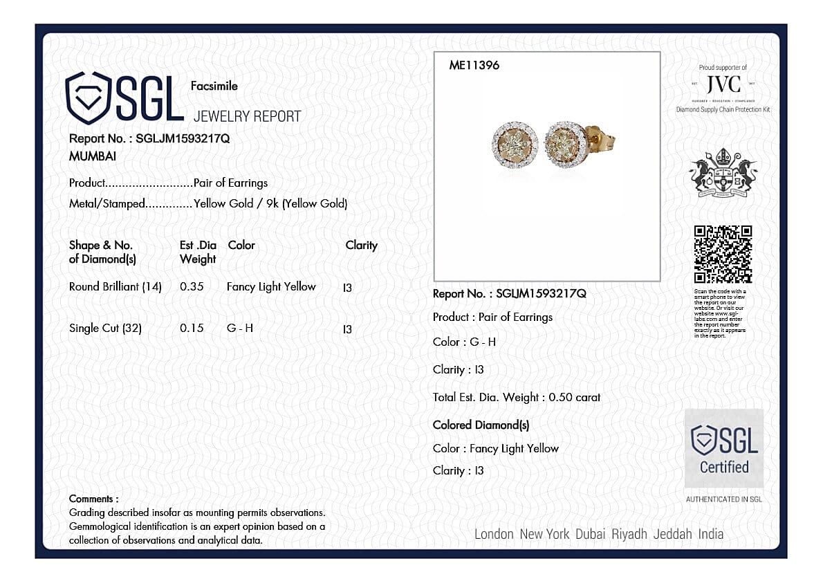 9K Yellow Gold SGL Certified Natural Yellow Diamond & White Diamond Stud Push Back Earrings 0.51 Ct.