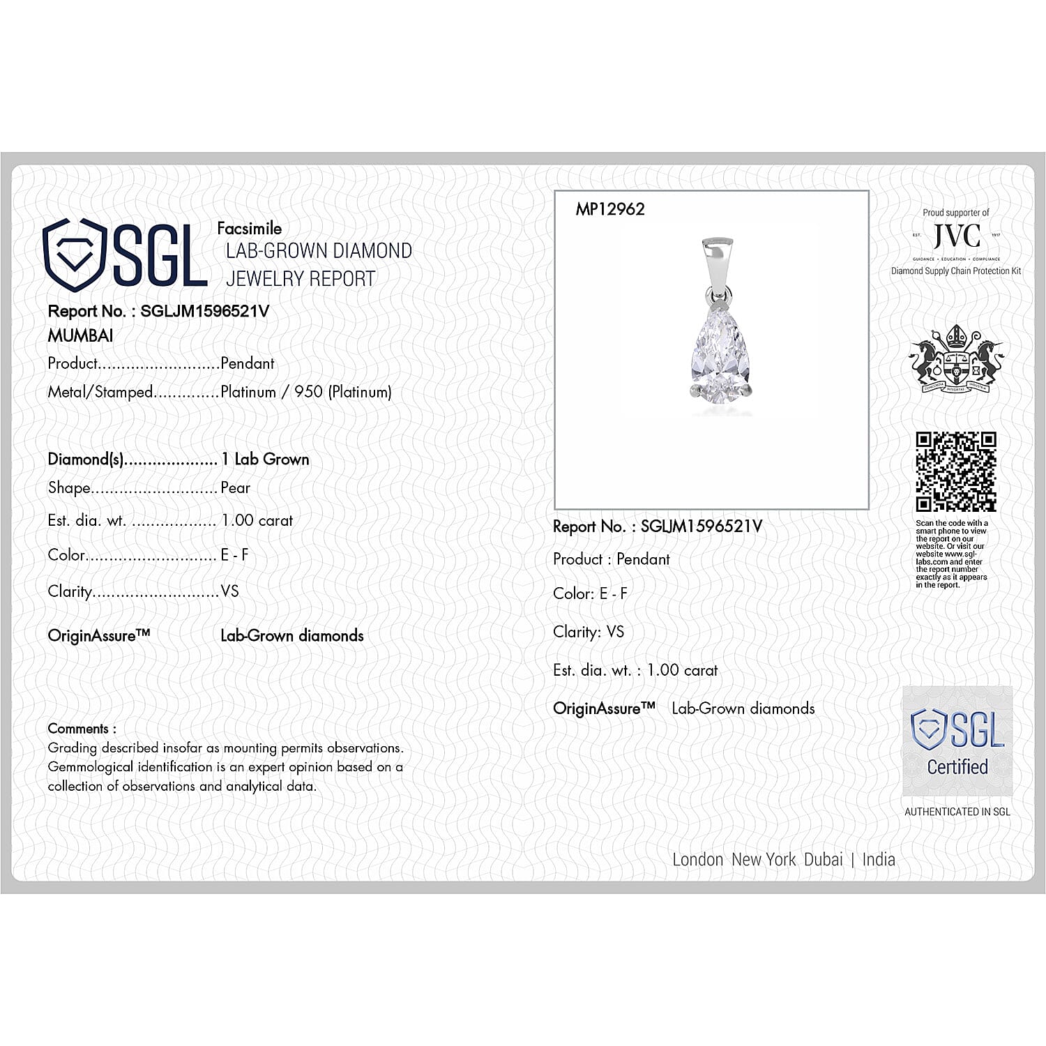 Luxuriant Diamond 950 Platinum SGL Certified Pear Cut Lab Grown Diamond  (VS-E-F) Solitaire Pendant 1.00 Ct.