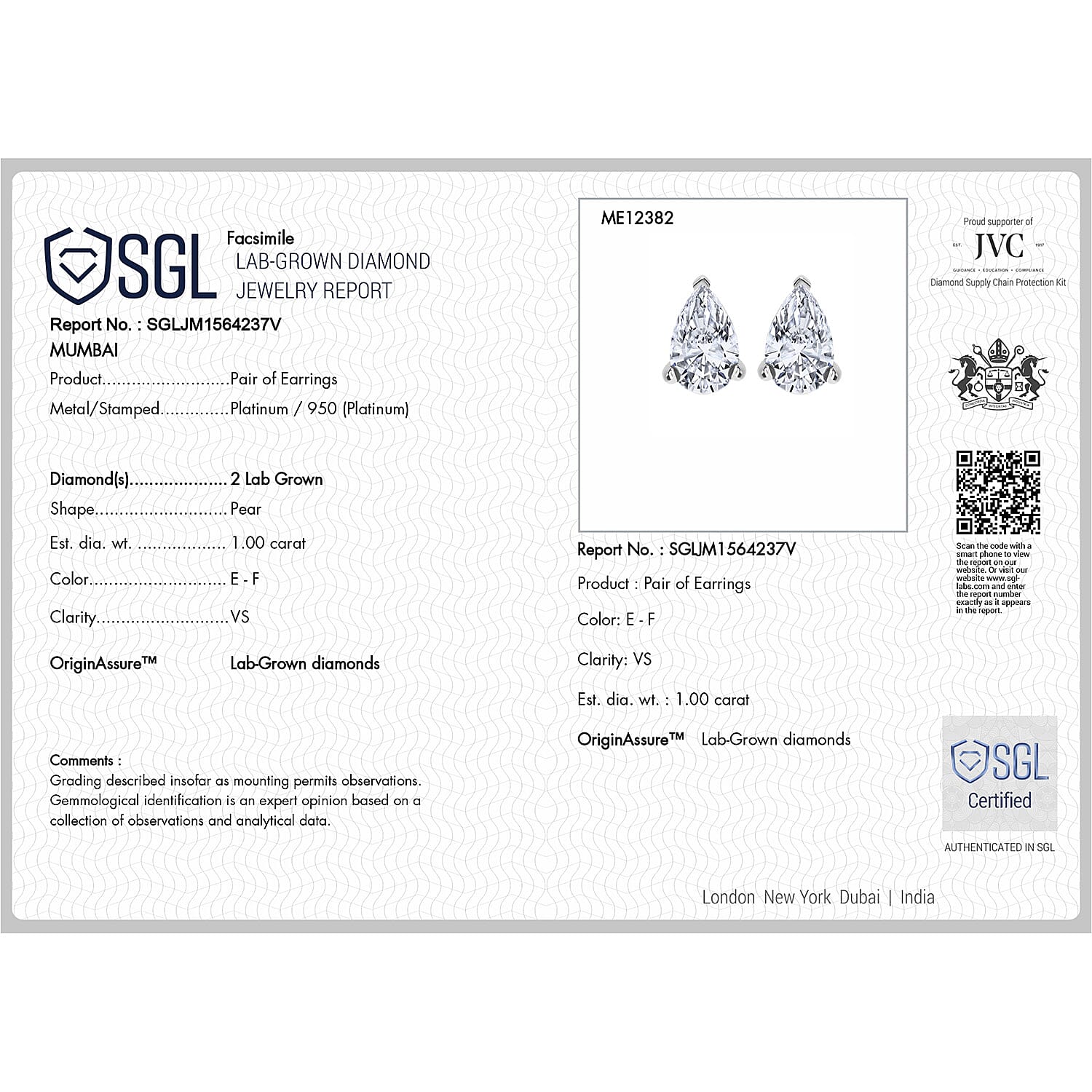 Luxuriant Diamond 950 Platinum SGL Certified Pear Cut Lab Grown Diamond (VS-E-F) Stud Earring with Screw Back 1.00 Ct. Luxuriant Diamond 950 Platinum SGL Certified Pear Cut Lab Grown Diamond (VS-E-F) Stud Earring with Screw Back 1.00 Ct.