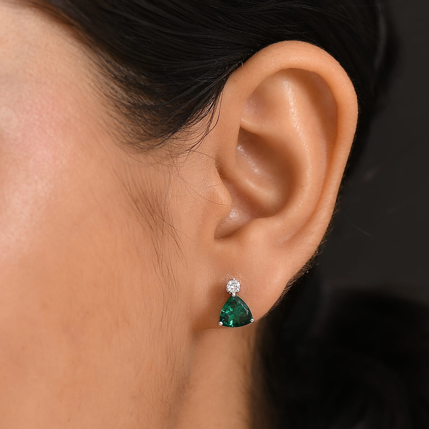 10K White Gold AAA Lab Grown Emerald, Lab Grown Diamond GH, SI Solitaire Stud Push Post Earring, Gold Wt.1.13 Gms  2.126  Ct.