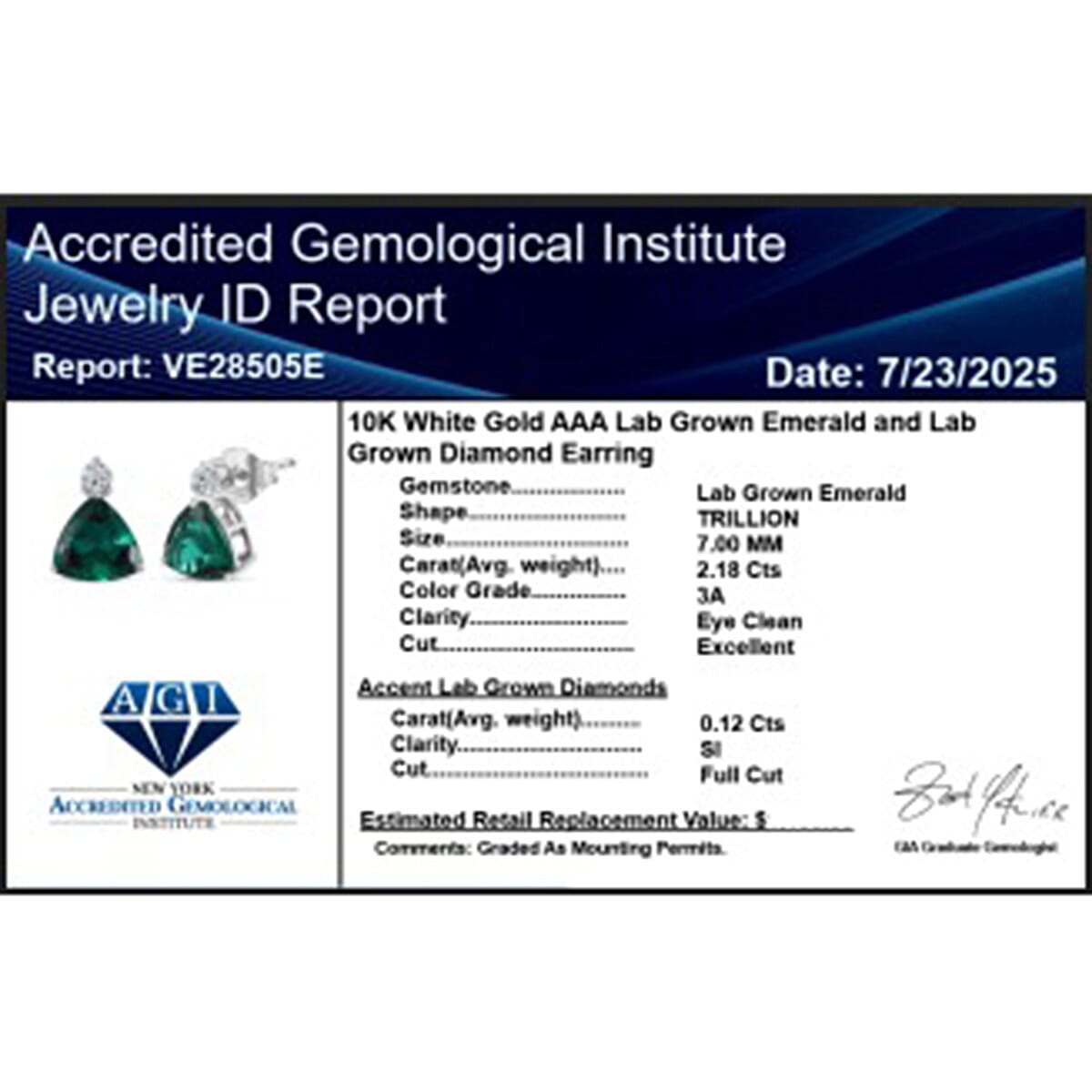 10K White Gold AAA Lab Grown Emerald, Lab Grown Diamond GH, SI Solitaire Stud Push Post Earring, Gold Wt.1.13 Gms  2.126  Ct.