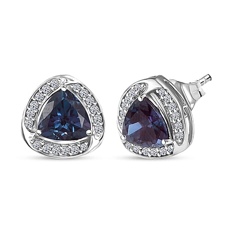 10K White Gold AAA Lab Grown Alexandrite, Lab Grown Diamond GH, SI Solitaire Stud Push Post Earring, Gold Wt.2.75 Gms  3.182  Ct.