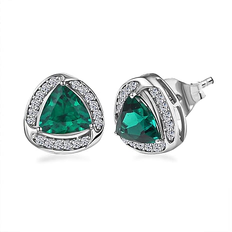 10K White Gold AAA Lab Grown Emerald, Lab Grown Diamond GH, SI Solitaire Stud Push Post Earring, Gold Wt.2.79 Gms  2.280  Ct.