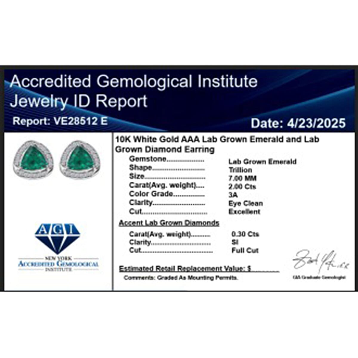 10K White Gold AAA Lab Grown Emerald, Lab Grown Diamond GH, SI Solitaire Stud Push Post Earring, Gold Wt.2.79 Gms  2.280  Ct.