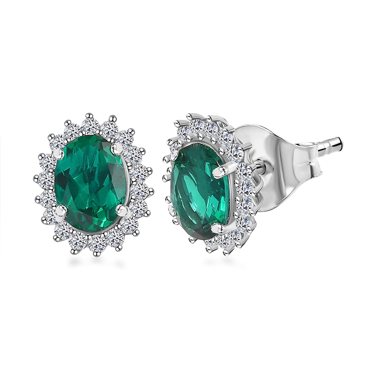 Luxuriant 9K White Gold AGI Certified AAA Lab Grown Emerald & Lab Grown Diamond (SI-GH) Stud Push Post Earring 2.12 Ct.