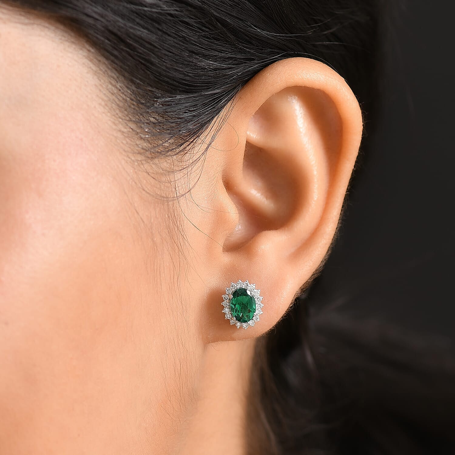 Luxuriant 9K White Gold AGI Certified AAA Lab Grown Emerald & Lab Grown Diamond (SI-GH) Stud Push Post Earring 2.12 Ct.