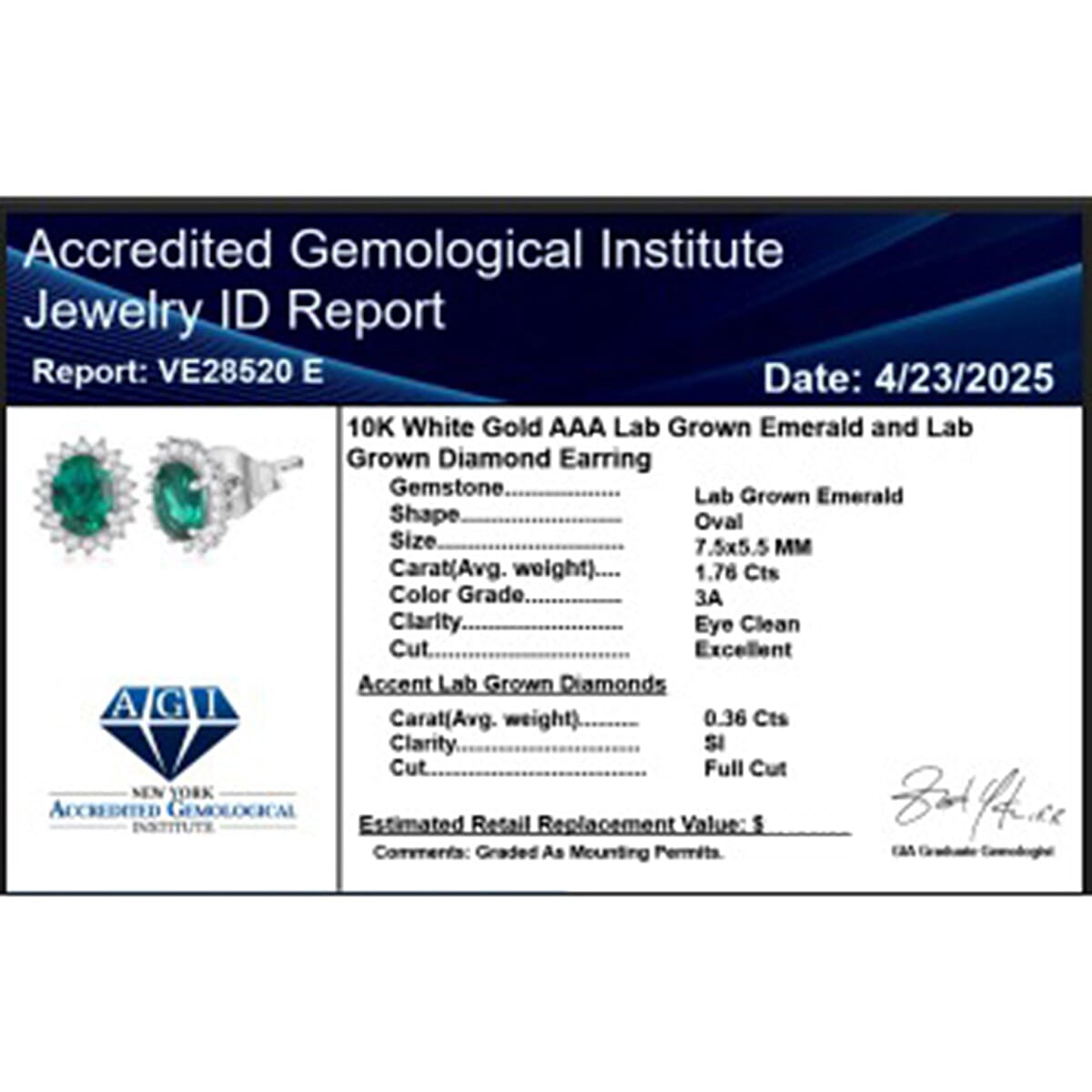 Luxuriant 9K White Gold AGI Certified AAA Lab Grown Emerald & Lab Grown Diamond (SI-GH) Stud Push Post Earring 2.12 Ct.