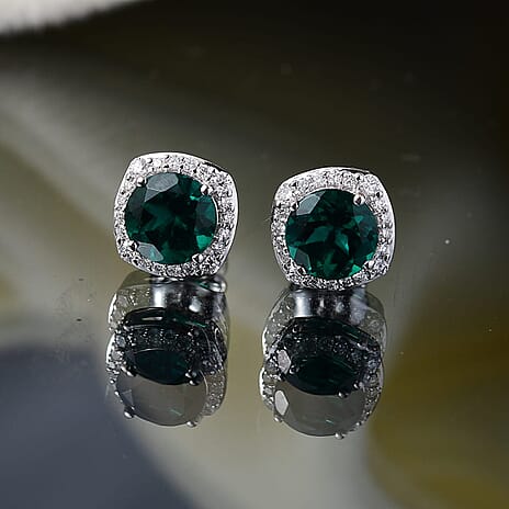 10K White Gold AAA Lab Grown Emerald, Lab Grown Diamond GH, SI Solitaire Stud Push Post Earring, Gold Wt.2.1 Gms  2.572  Ct.