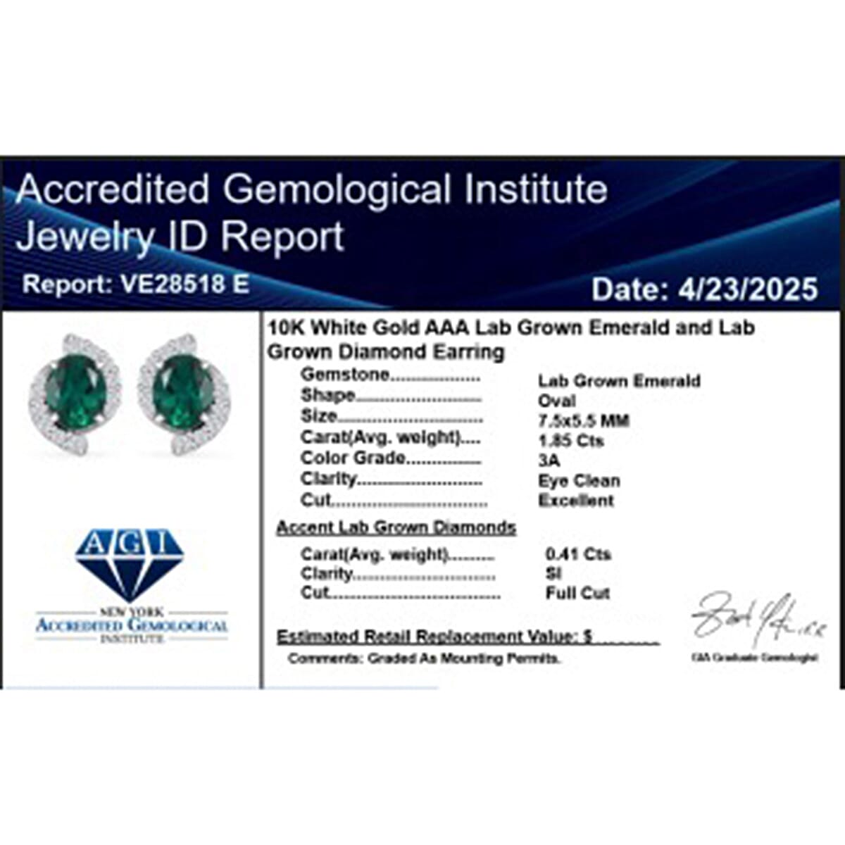 Luxuriant 10K White Gold AAA Lab Grown Emerald, Lab Grown Diamond GH, SI Solitaire Stud Push Post Earring, Gold Wt.2.18 Gms  2.258  Ct.