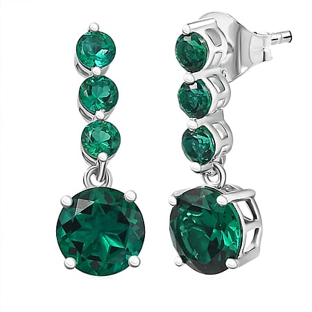 Appraised & Certified LUXURIANT 10K White Gold AAA Lab Grown Emerald Dangling Earring, 2.88 Ct.