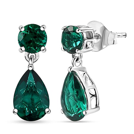Appraised & Certified LUXURIANT 10K White Gold AAA Lab Grown Emerald Dangling Earring, 3.06 Ct.