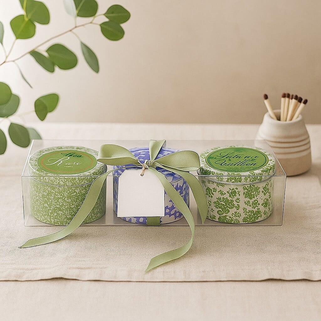 Set of 3 Scented Candles in Tins - Basil & Peach, Dried Cotton, Herb Garden
