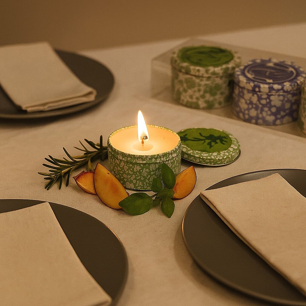 Set of 3 Scented Candles in Tins - Basil & Peach, Dried Cotton, Herb Garden