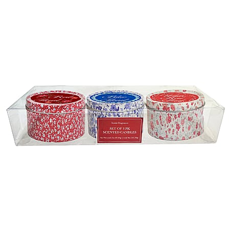 Set of 3 Scented Tin Candles - Dark Red Floral, Blue Floral, and White and Red Floral