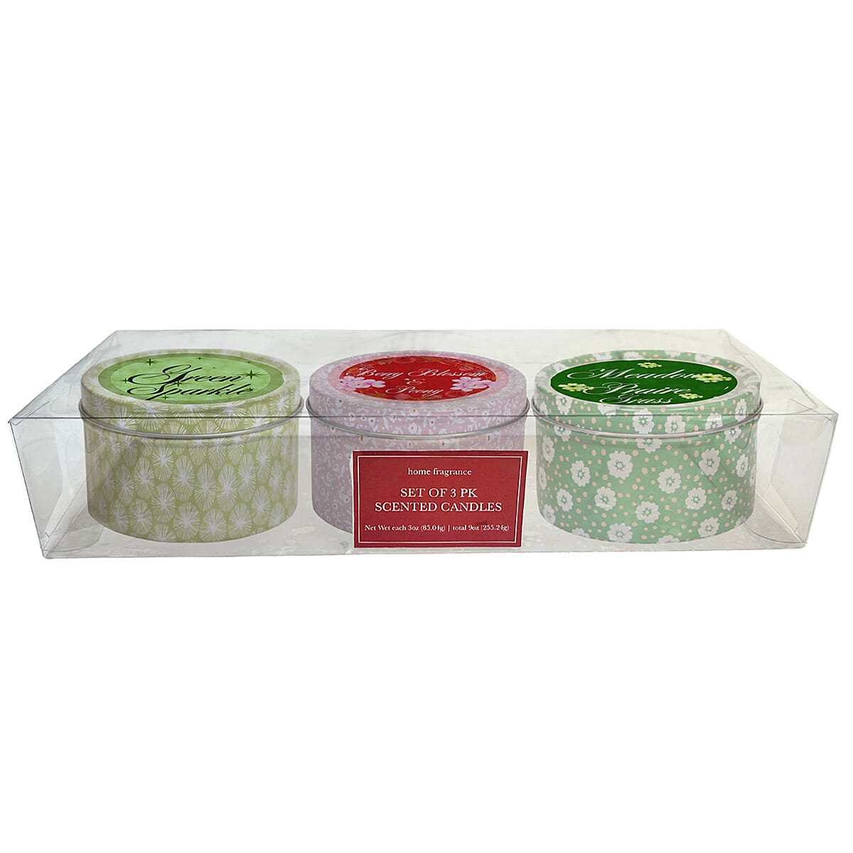 Set of 3 Scented Candles - Hidden Springs, Berry Blossom & Peony, Meadow Prairie Grass (85G with 10 Hour Burn Time Each)