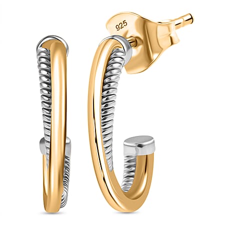 Designer Closeout Two Tone Textured Earrings with Push Backs in Yellow Gold Plated & Rhodium Overlay Sterling Silver