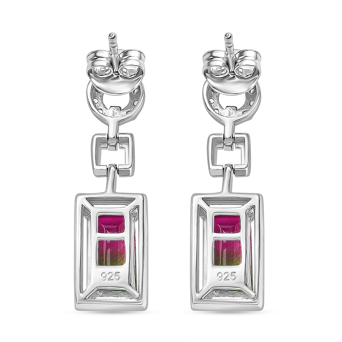 Watermelon Quartz Triplet & White Zircon Dangling Push Back Earring in Rhodium Overlay Sterling Silver 3.94 Ct. Watermelon Quartz Triplet & White Zircon Dangling Push Back Earring in Rhodium Overlay Sterling Silver 3.94 Ct.