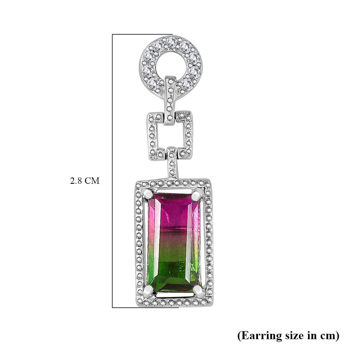 Watermelon Quartz Triplet & White Zircon Dangling Push Back Earring in Rhodium Overlay Sterling Silver 3.94 Ct. Watermelon Quartz Triplet & White Zircon Dangling Push Back Earring in Rhodium Overlay Sterling Silver 3.94 Ct.
