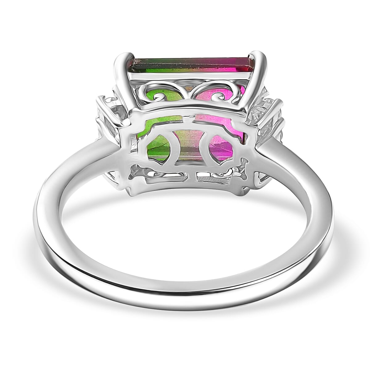 Watermelon Quartz Triplet & White Zircon Solitaire Ring in Rhodium Overlay Sterling Silver 3.83 Ct. Watermelon Quartz Triplet & White Zircon Solitaire Ring in Rhodium Overlay Sterling Silver 3.83 Ct.