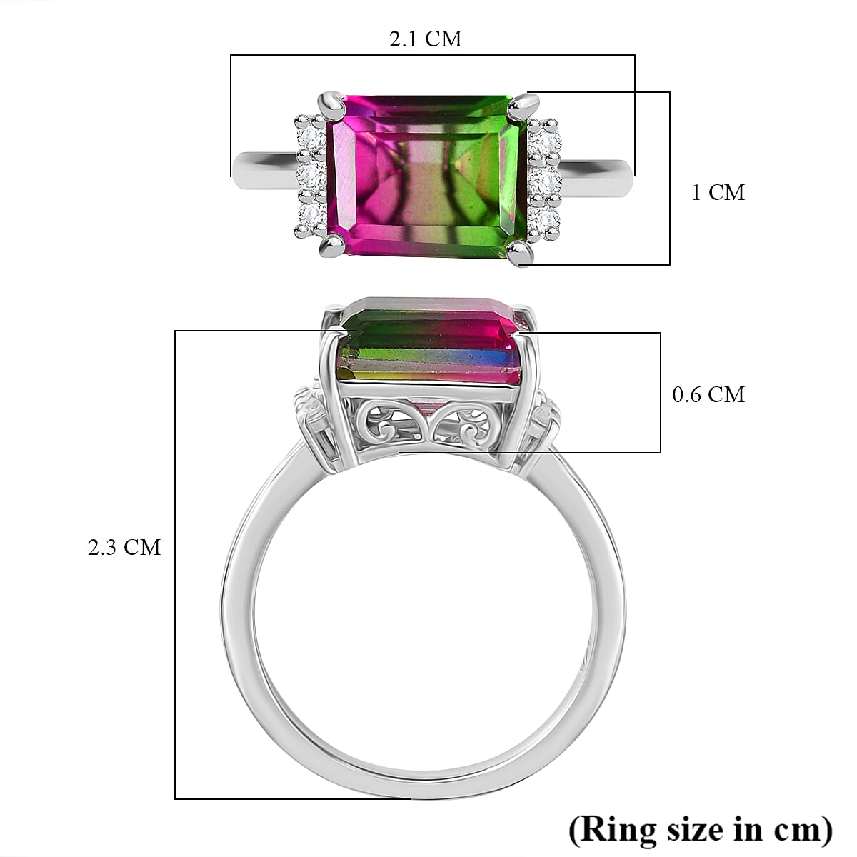 Watermelon Quartz Triplet & White Zircon Solitaire Ring in Rhodium Overlay Sterling Silver 3.83 Ct. Watermelon Quartz Triplet & White Zircon Solitaire Ring in Rhodium Overlay Sterling Silver 3.83 Ct.