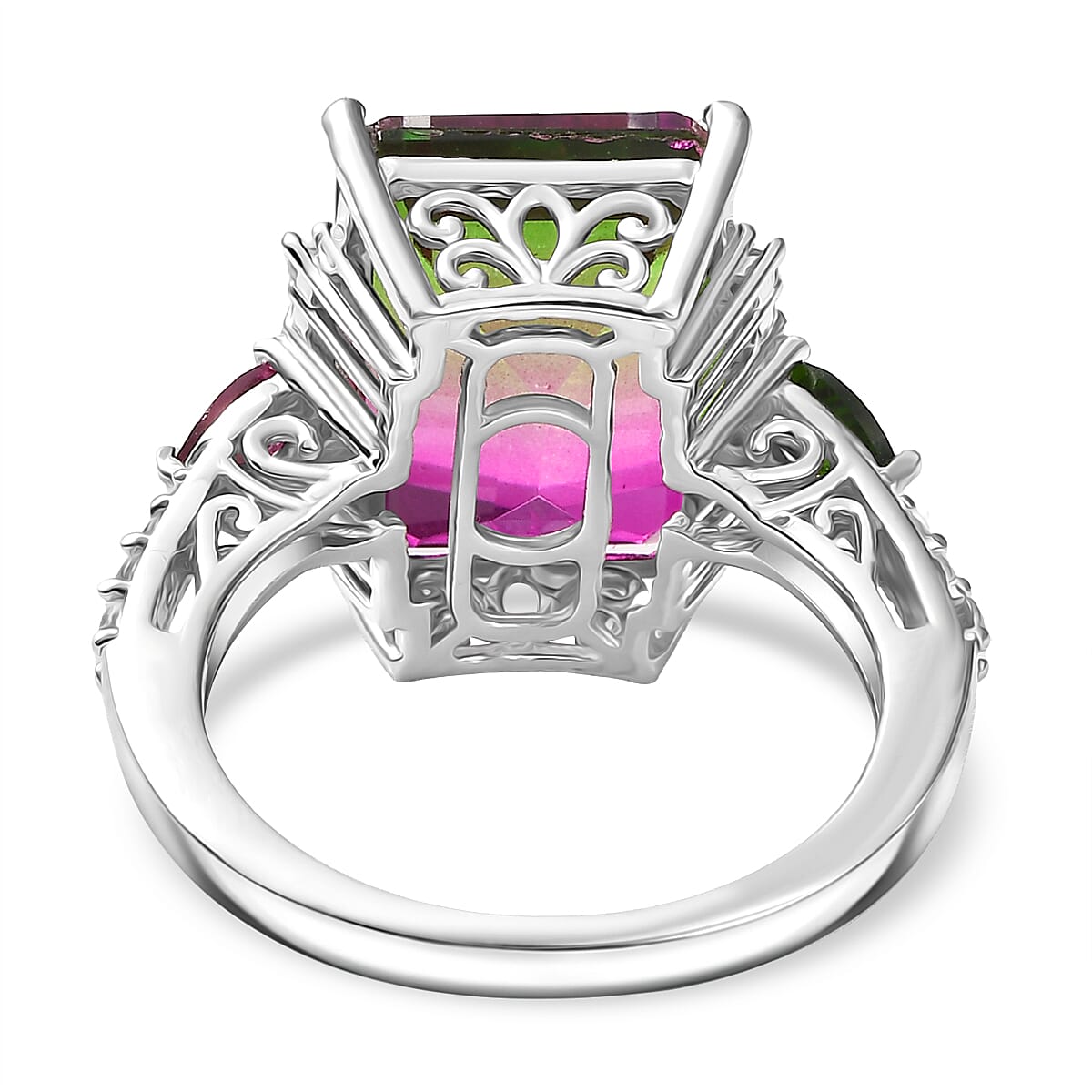 Watermelon Quartz Triplet, And Multi Gemstones Ring in Rhodium Overlay Sterling Silver 8.81 Ct. Watermelon Quartz Triplet, And Multi Gemstones Ring in Rhodium Overlay Sterling Silver 8.81 Ct.