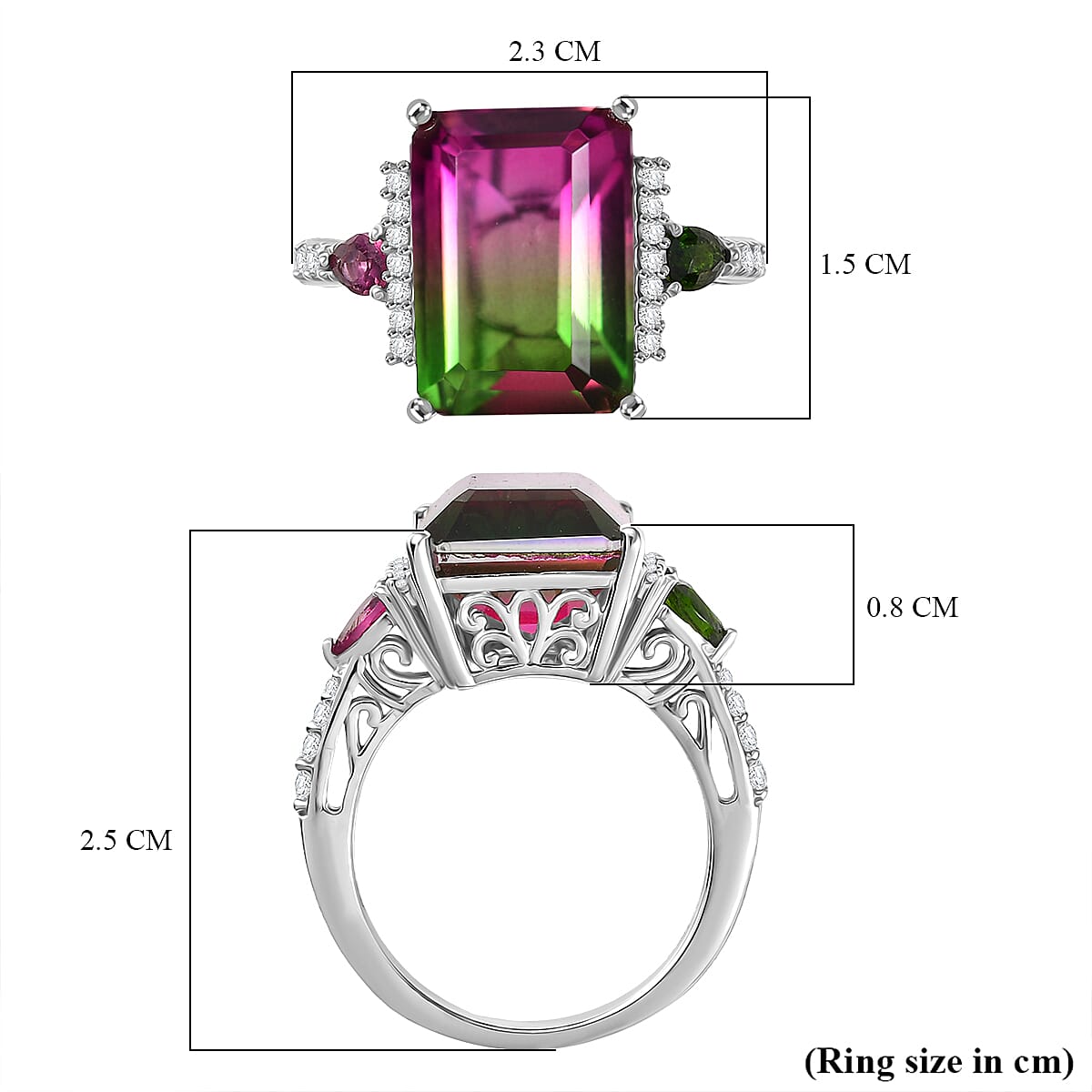 Watermelon Quartz Triplet, And Multi Gemstones Ring in Rhodium Overlay Sterling Silver 8.81 Ct. Watermelon Quartz Triplet, And Multi Gemstones Ring in Rhodium Overlay Sterling Silver 8.81 Ct.