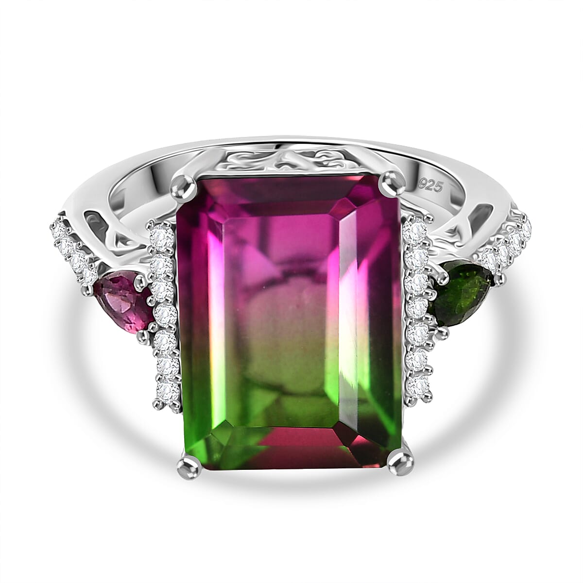 Watermelon Quartz Triplet, Multi Gemstones Ring in Rhodium Overlay Sterling Silver 8.81 Ct.