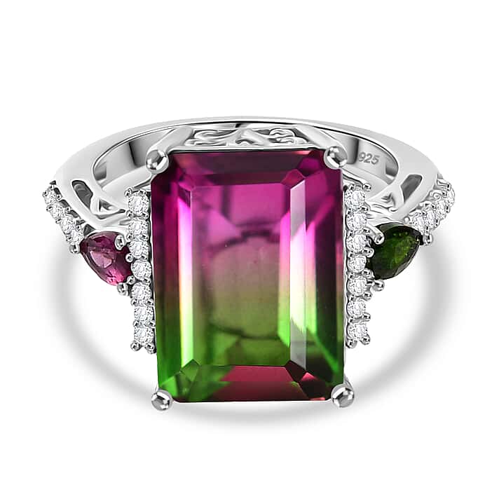 Watermelon Quartz Triplet, Multi Gemstones Ring in Rhodium Overlay Sterling Silver 8.81 Ct.