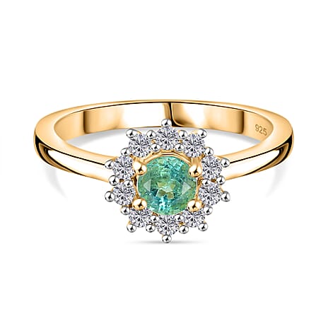 Emerald & White Zircon Solitaire Ring in 18K Vermeil Yellow Gold Plated Sterling Silver