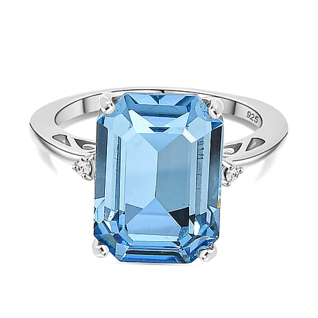 Aquamarine Swarovski Crystal & White Swarovski Crystal Ring in Platinum Overlay Sterling Silver 6.39 Ct.