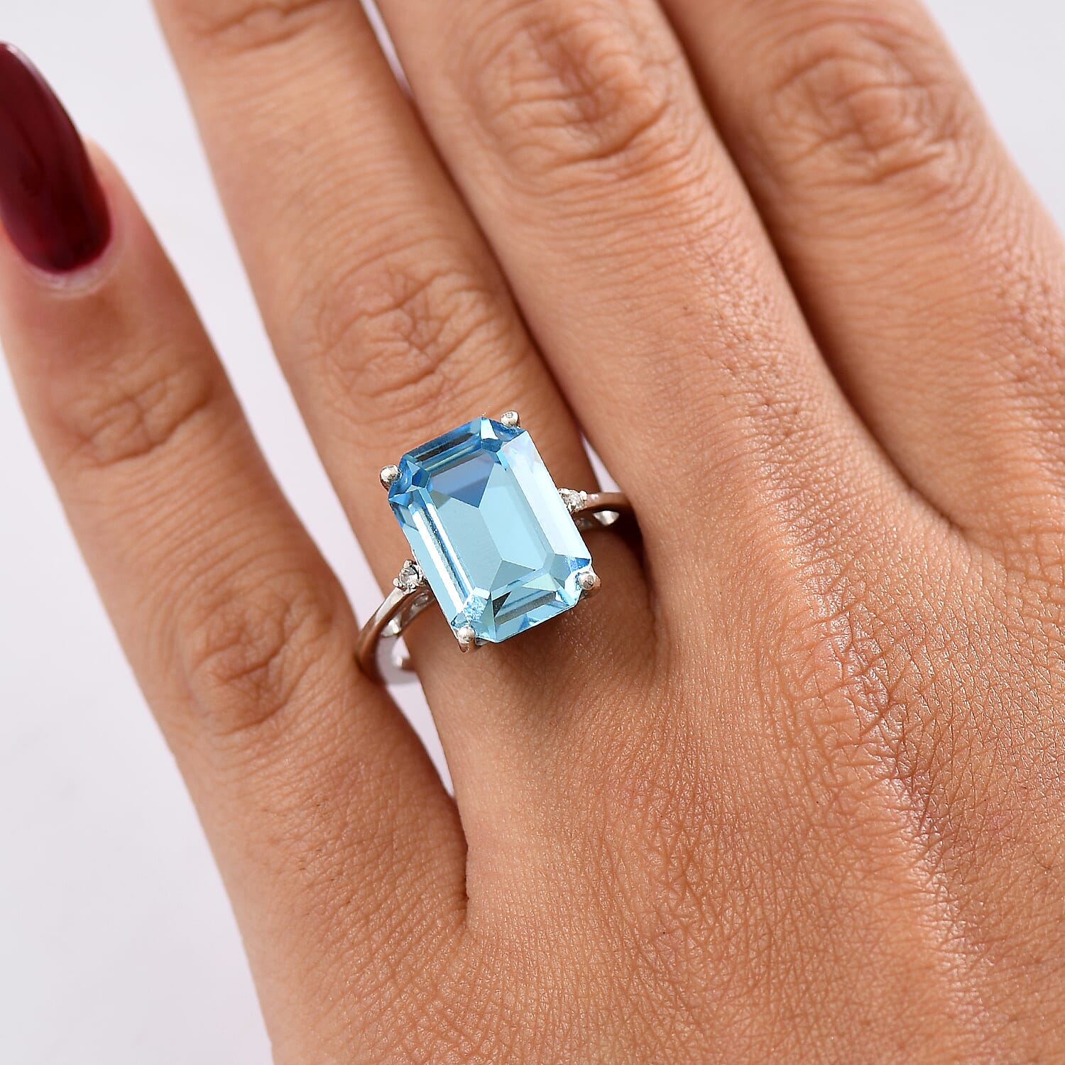 Aquamarine Swarovski Crystal & White Swarovski Crystal Ring in Platinum Overlay Sterling Silver 6.39 Ct.