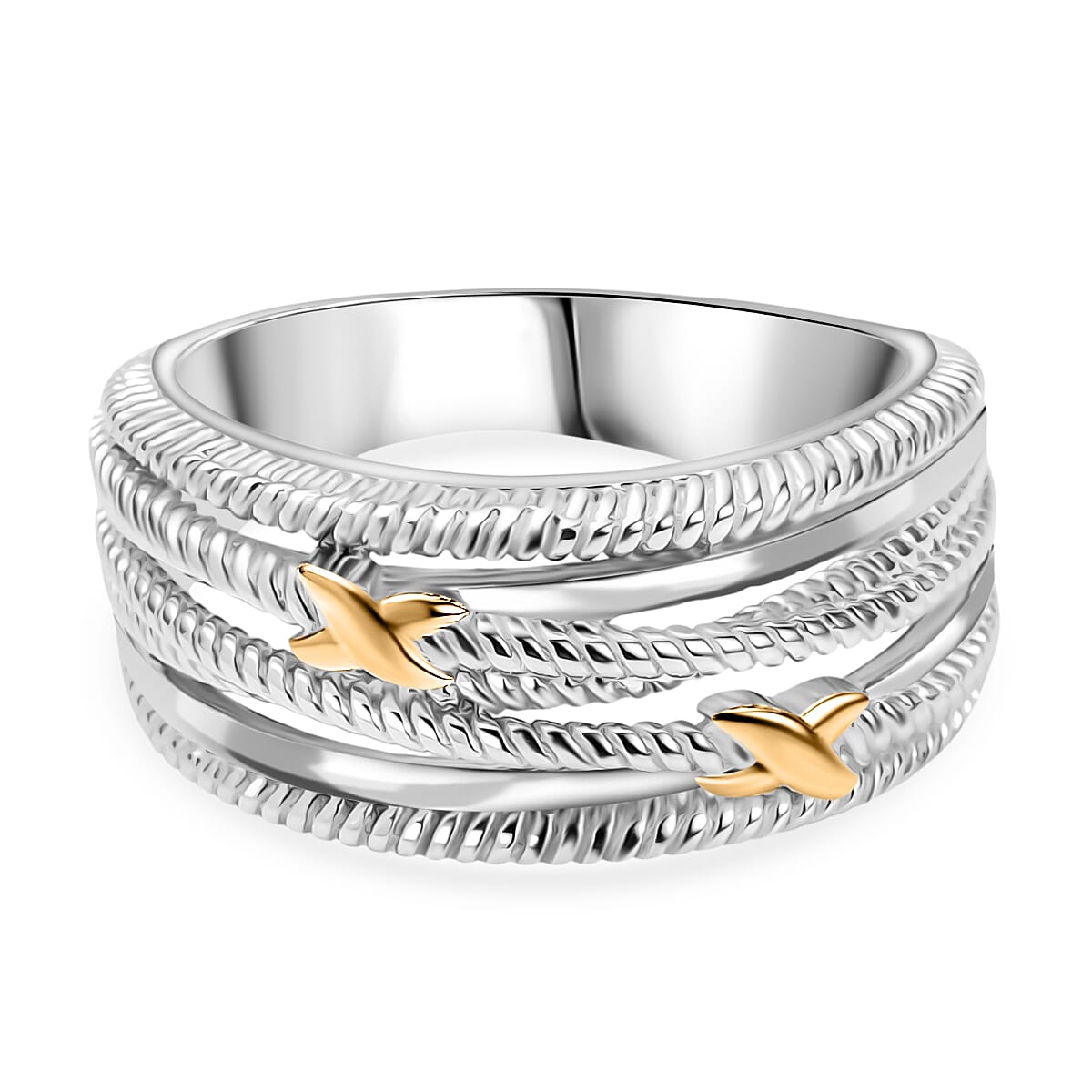 Designer Inspired - Yellow Gold Flash X Crossover Ring in Platinum Overlay Sterling Silver Ring