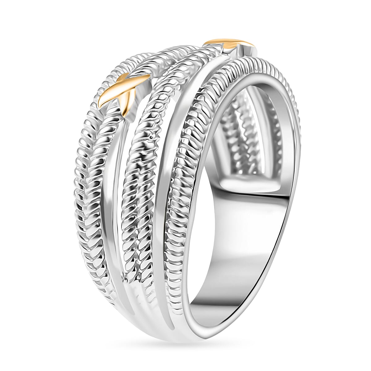 Designer Inspired - Yellow Gold Flash X Crossover Ring in Platinum Overlay Sterling Silver Ring
