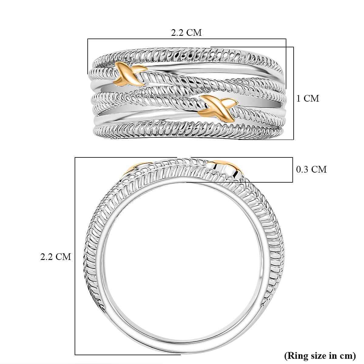 Designer Inspired - Yellow Gold Flash X Crossover Ring in Platinum Overlay Sterling Silver Ring